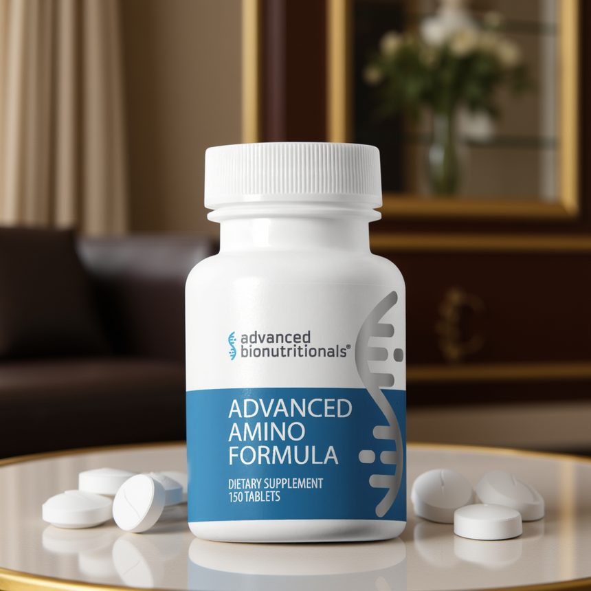Advanced Amino Formula supplement bottle on a table at home